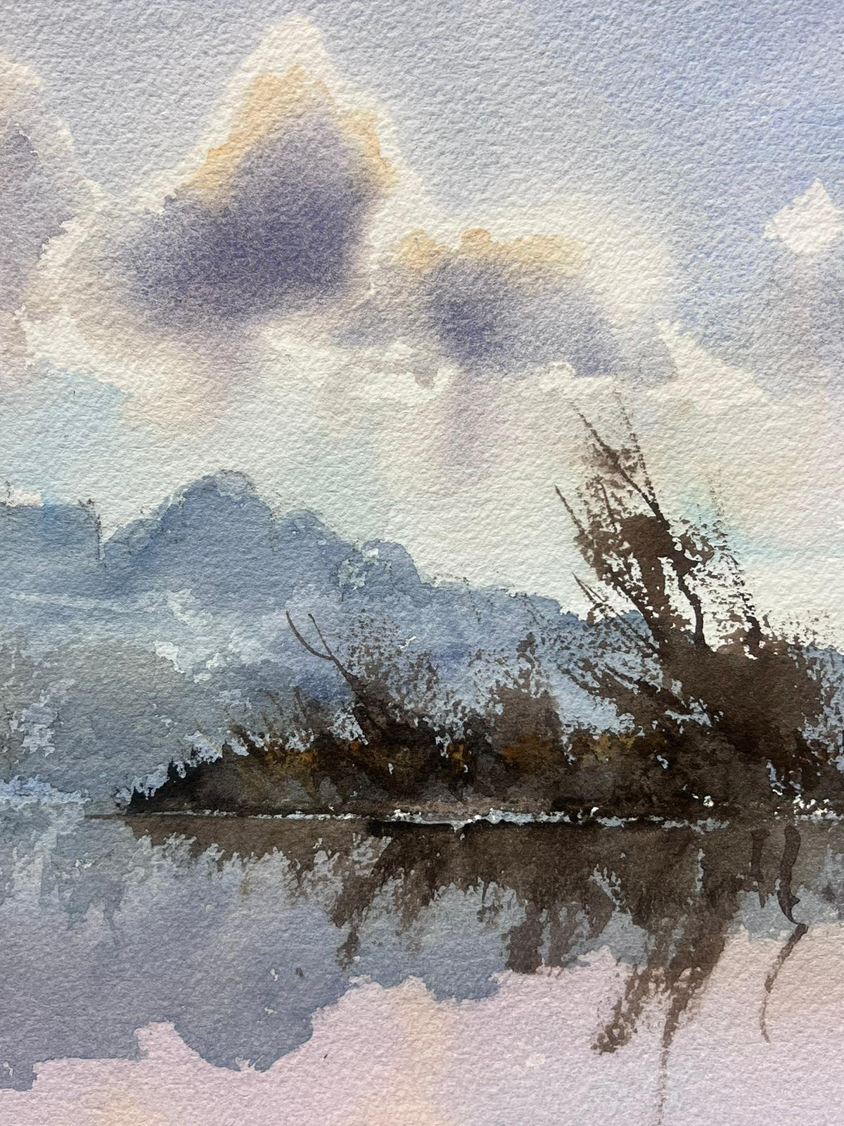 British Original Impressionist Watercolor Misty River Landscape Church Town View - Gray Landscape Painting by Anthony Avery