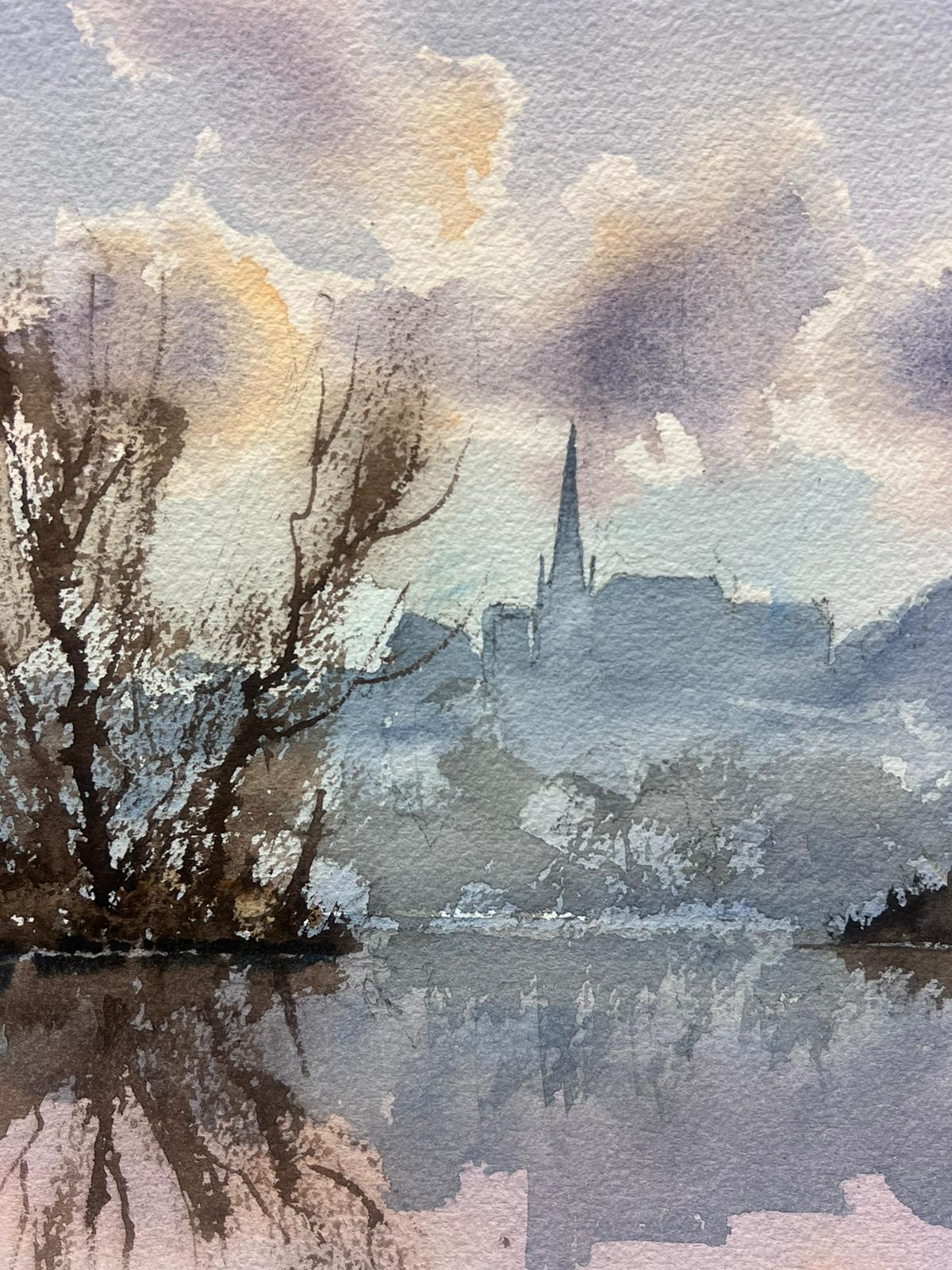 British Original Impressionist Watercolor Misty River Landscape Church Town View For Sale 1