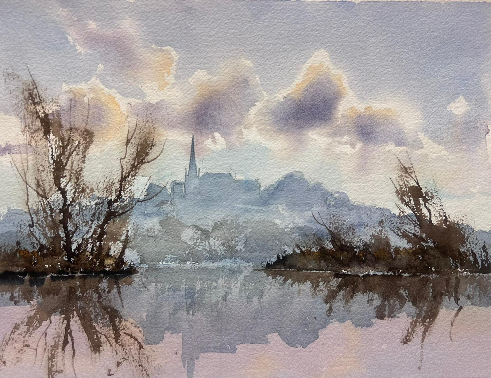 Anthony Avery Landscape Painting - British Original Impressionist Watercolor Misty River Landscape Church Town View