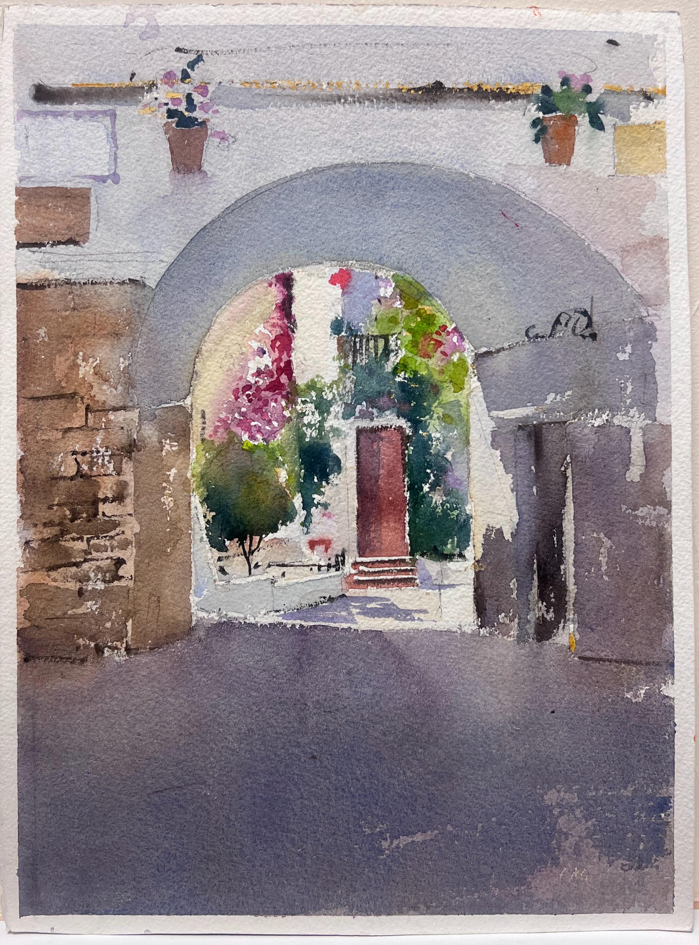 Acquerello originale britannico impressionista Vecchio villaggio europeo Strada ad arco - Painting di Anthony Avery