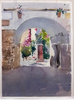 Acquerello originale britannico impressionista Vecchio villaggio europeo Strada ad arco