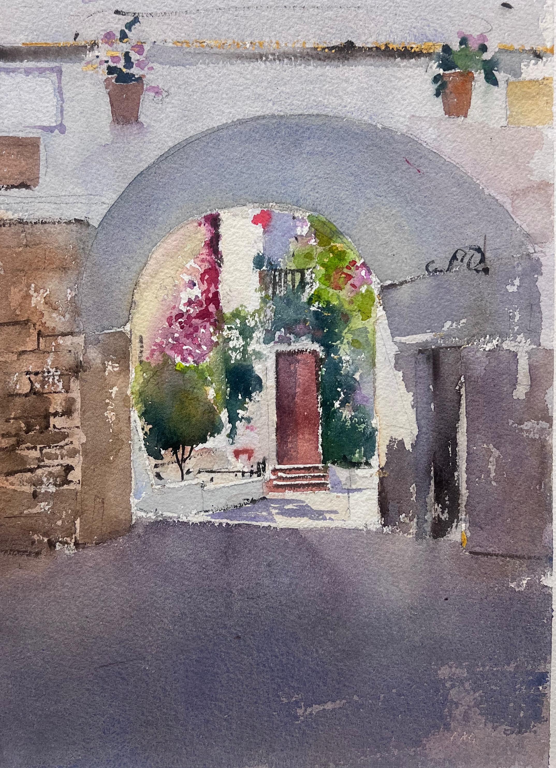 Landscape Painting di Anthony Avery - Acquerello originale britannico impressionista Vecchio villaggio europeo Strada ad arco