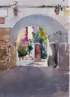 Aquarelle impressionniste britannique originale de l'arche de la vieille rue de Village européen
