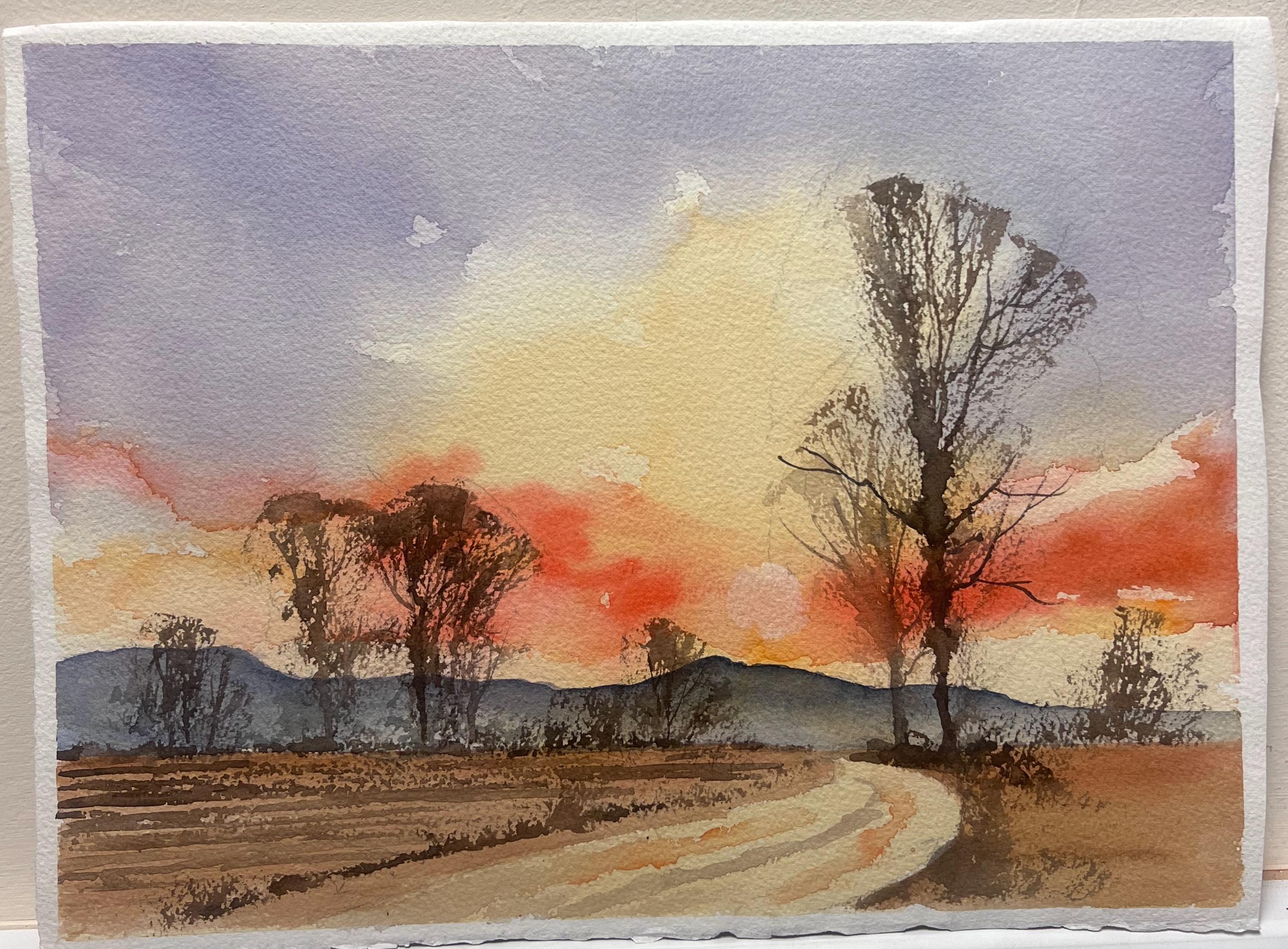 British Original Impressionist Watercolor Orange Sunrise Over The Country Track - Painting by Anthony Avery