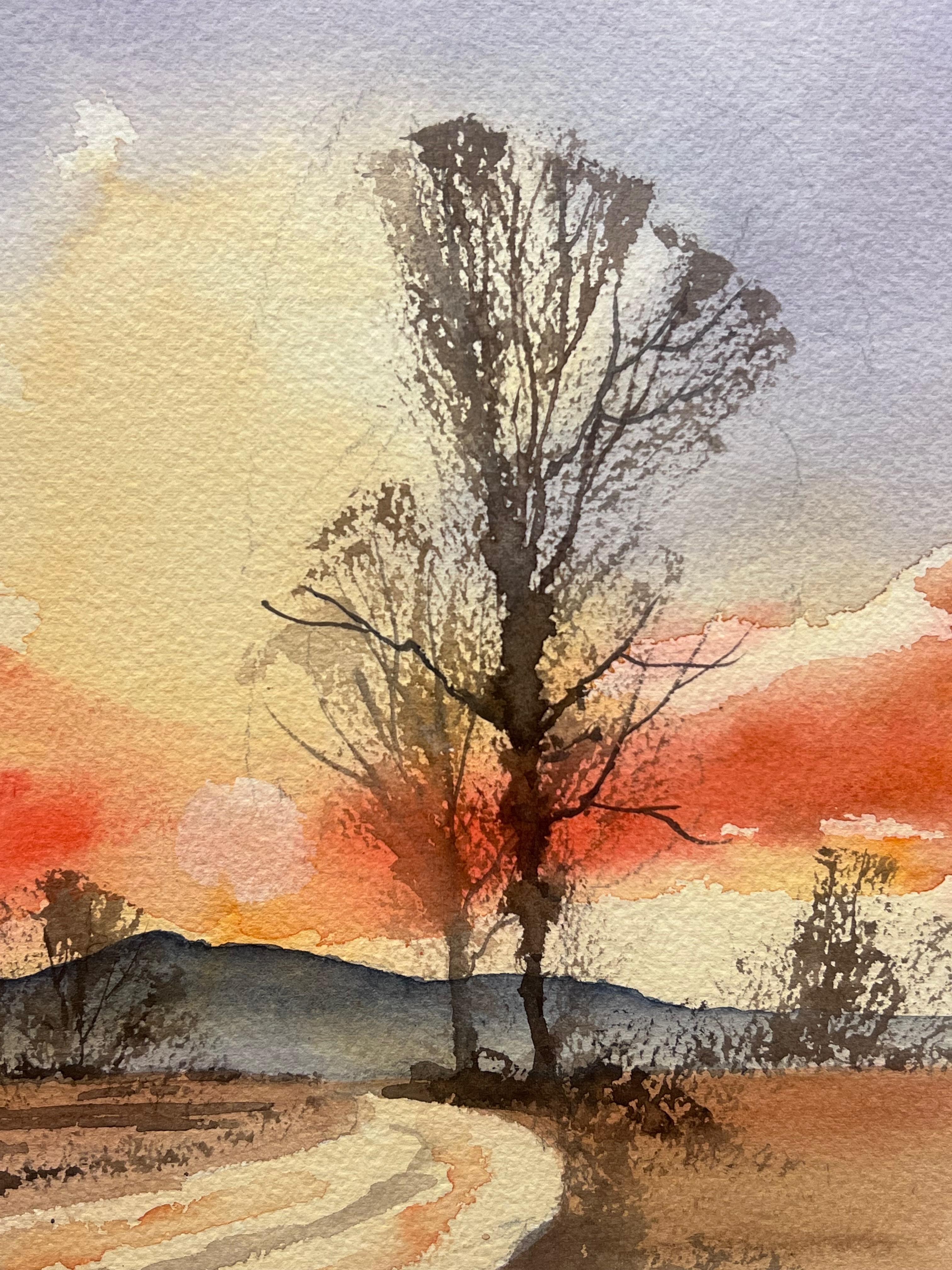 British Original Impressionist Watercolor Orange Sunrise Over The Country Track For Sale 1