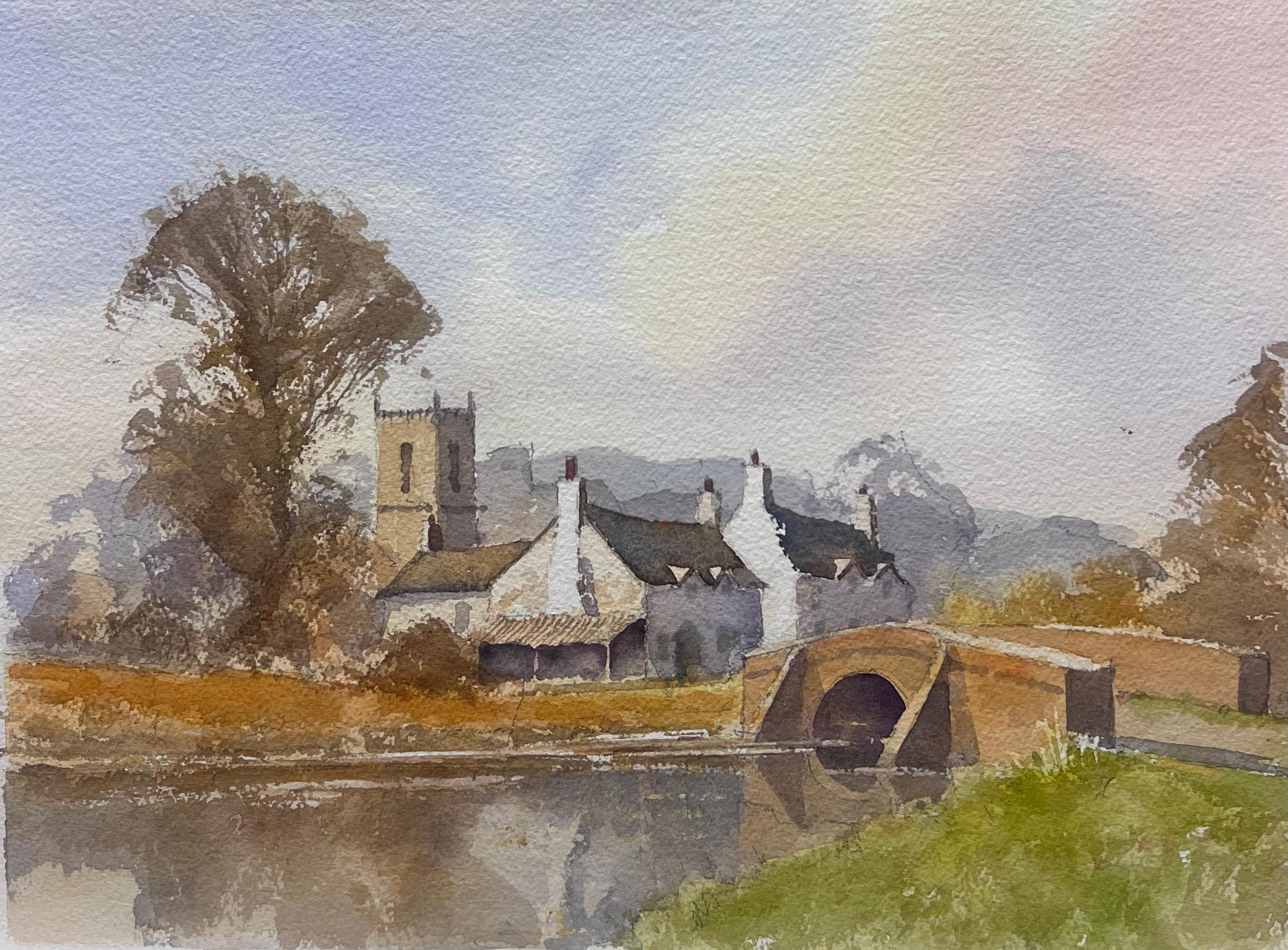 British Original Impressionist Watercolor Orange Sunrise Over The Country Track For Sale 2