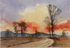 Britisches Original-impressionistisches Aquarell, Orange, Sonnenaufgang über dem Landweg, Original