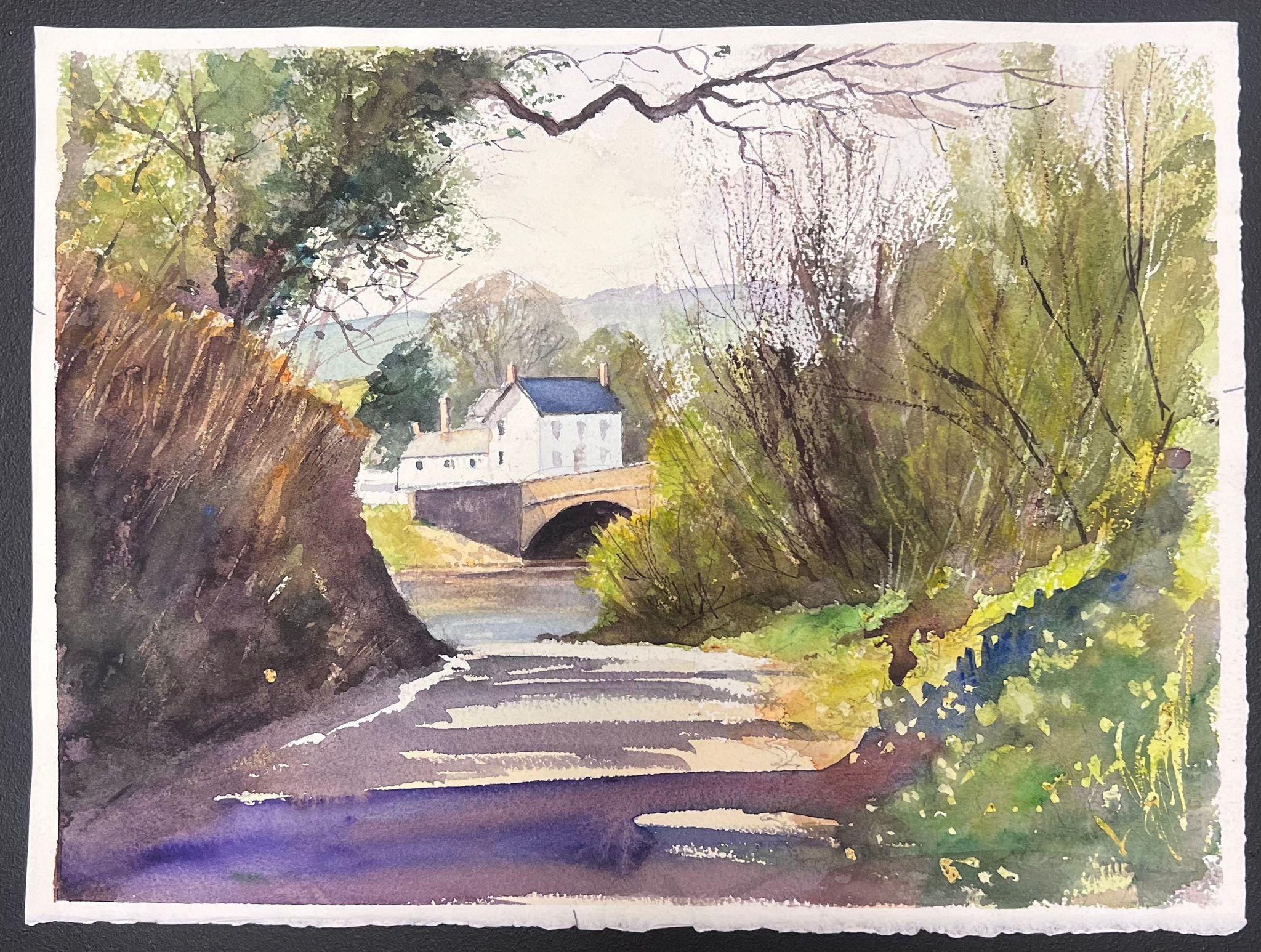 British Original Impressionist Watercolor Purple Path Down to The River Bridge - Painting by Anthony Avery