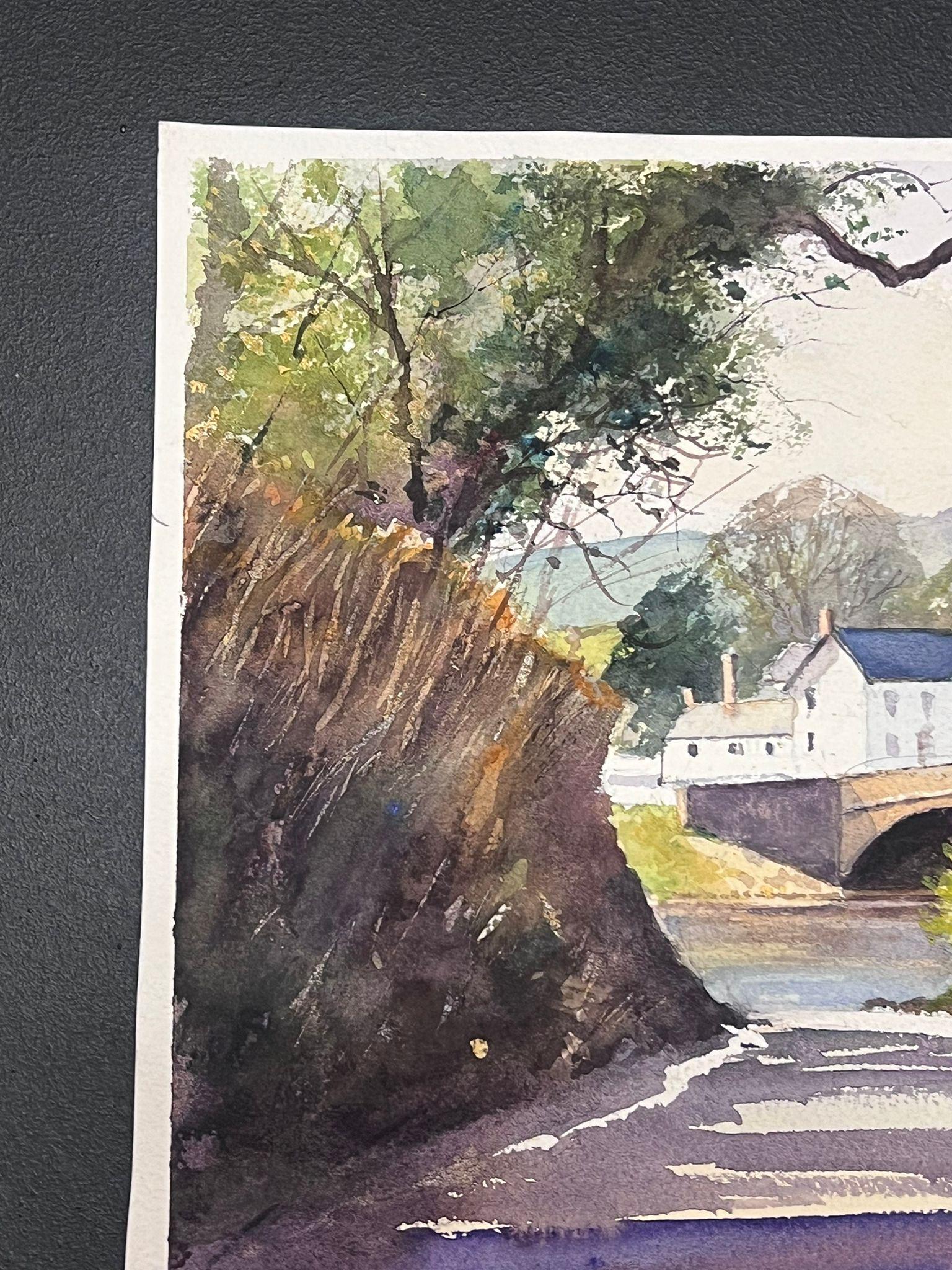 British Original Impressionist Watercolor Purple Path Down to The River Bridge - Gray Landscape Painting by Anthony Avery