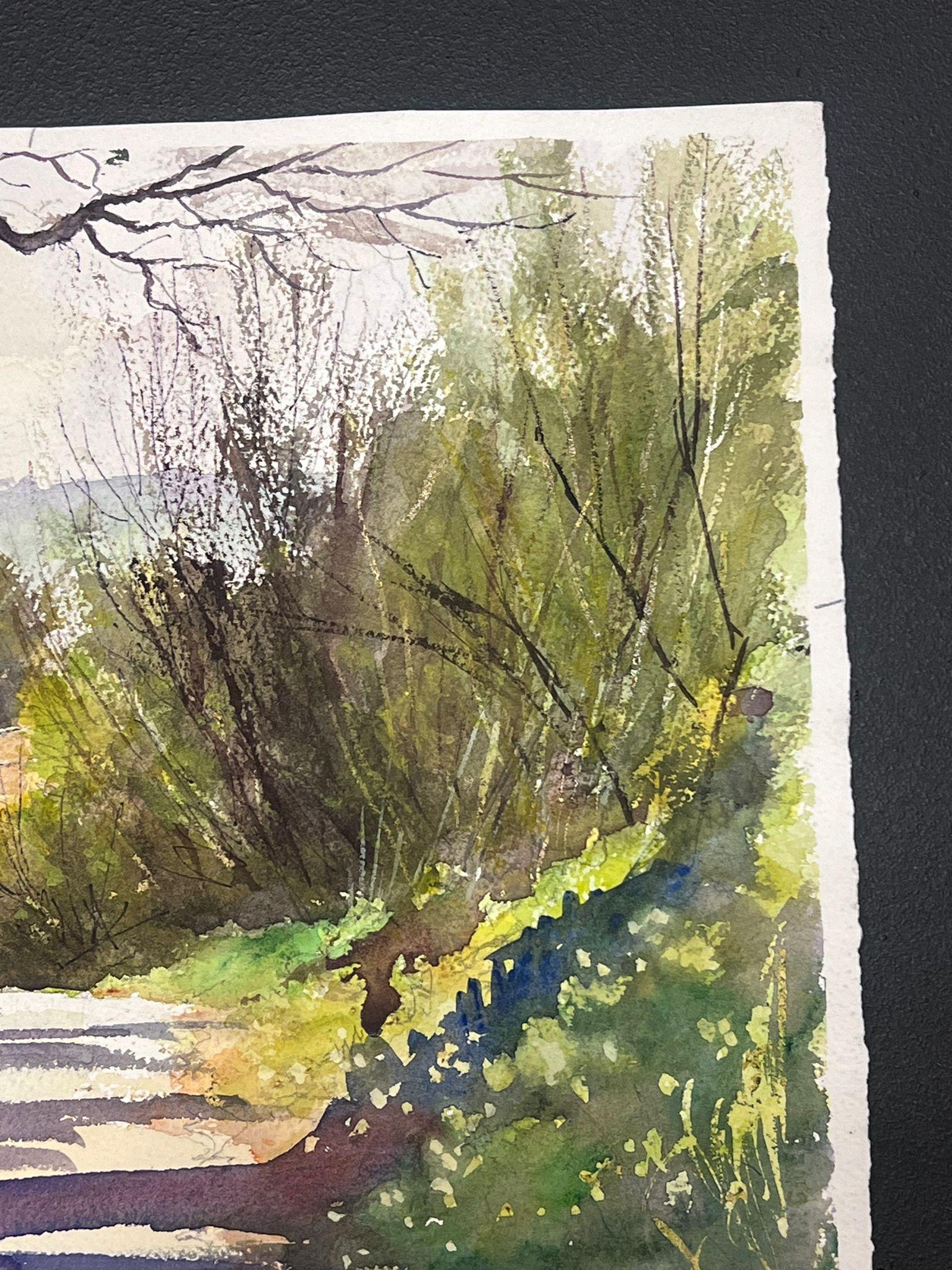 British Original Impressionist Watercolor Purple Path Down to The River Bridge For Sale 1