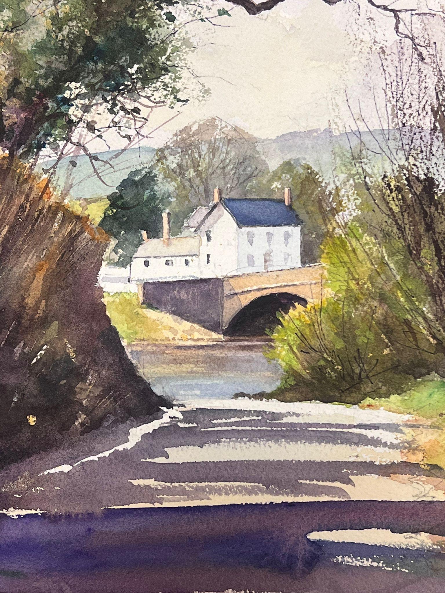 British Original Impressionist Watercolor Purple Path Down to The River Bridge For Sale 2