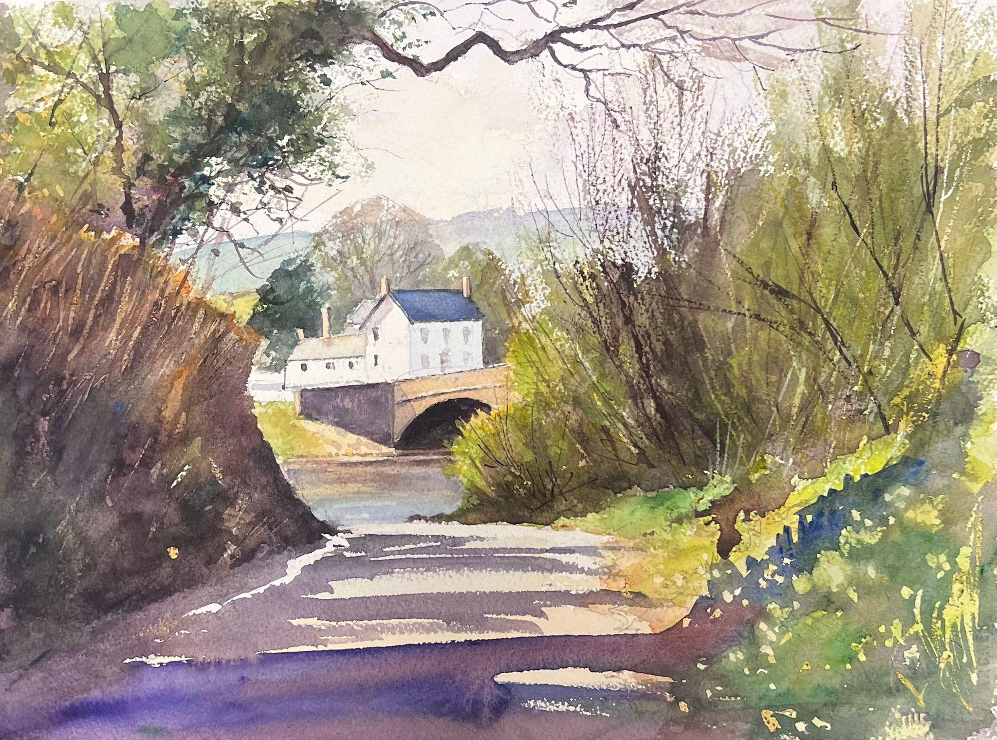 Anthony Avery Landscape Painting - British Original Impressionist Watercolor Purple Path Down to The River Bridge