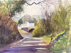 Britisches Original-impressionistisches Aquarell, lila Weg zur Flussbrücke, Original