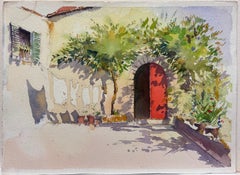 British Original Impressionist Watercolor Red Door In A Summer Courtyard