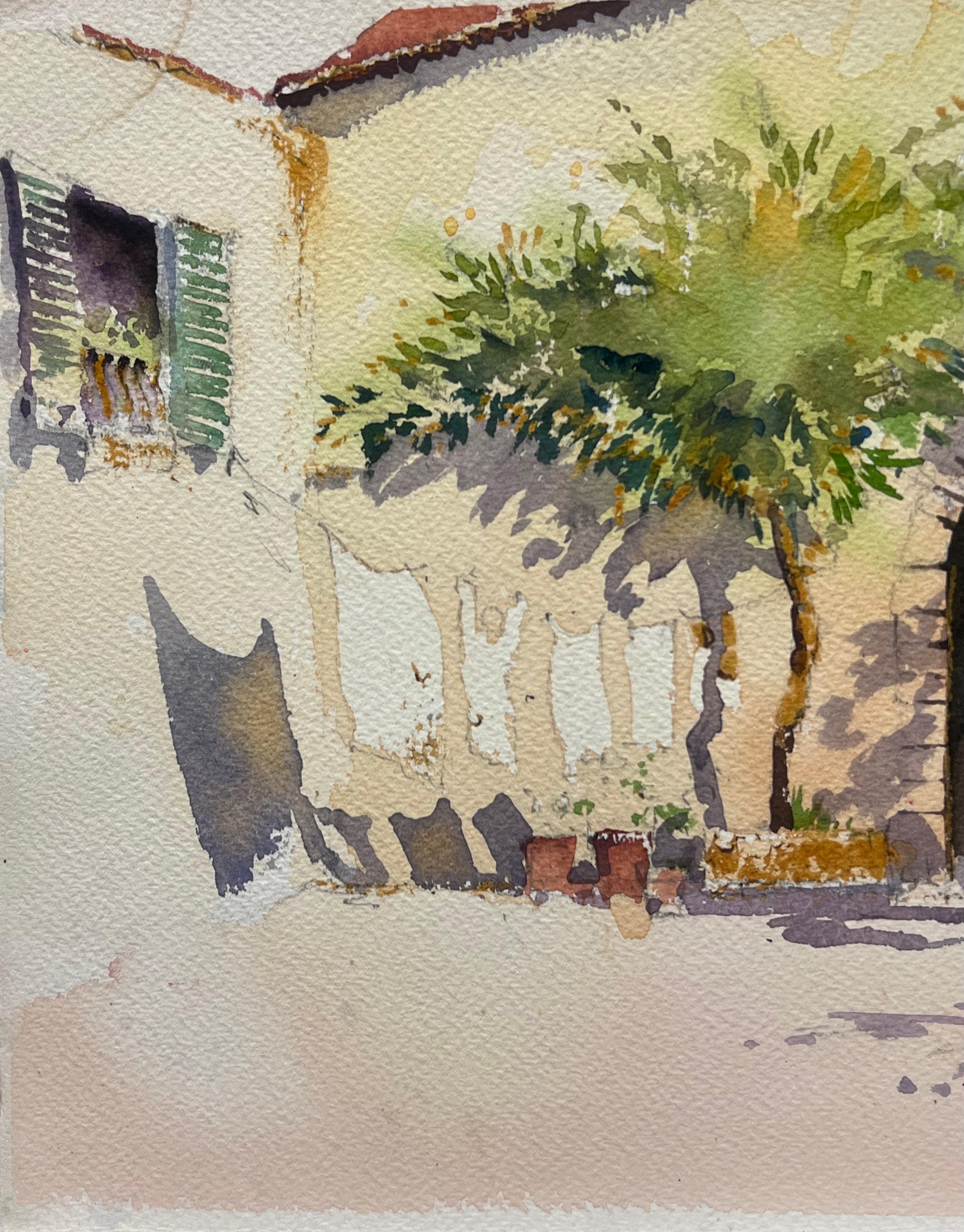 British Original Impressionist Watercolor Red Door In A Summer Courtyard - Brown Landscape Painting by Anthony Avery