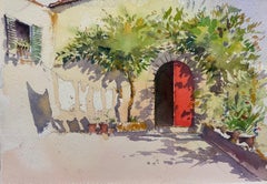Aquarelle impressionniste britannique d'origine représentant une porte rouge dans une cour d'été