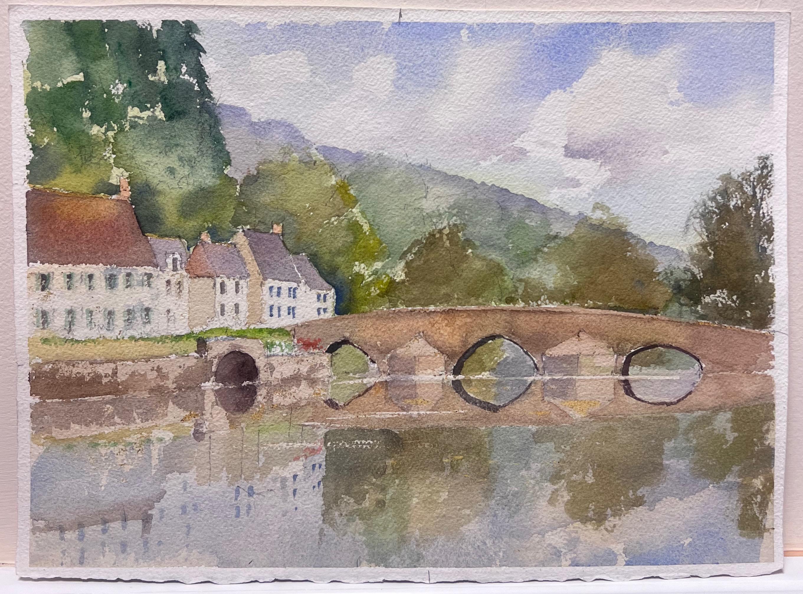 Britischer Original-impressionistischer Aquarell Fluss mit altem Steinbogen-Landschaftsbild, Original – Painting von Anthony Avery