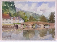 British Original Impressionist Watercolor River with Old Stone Bridge Landscape