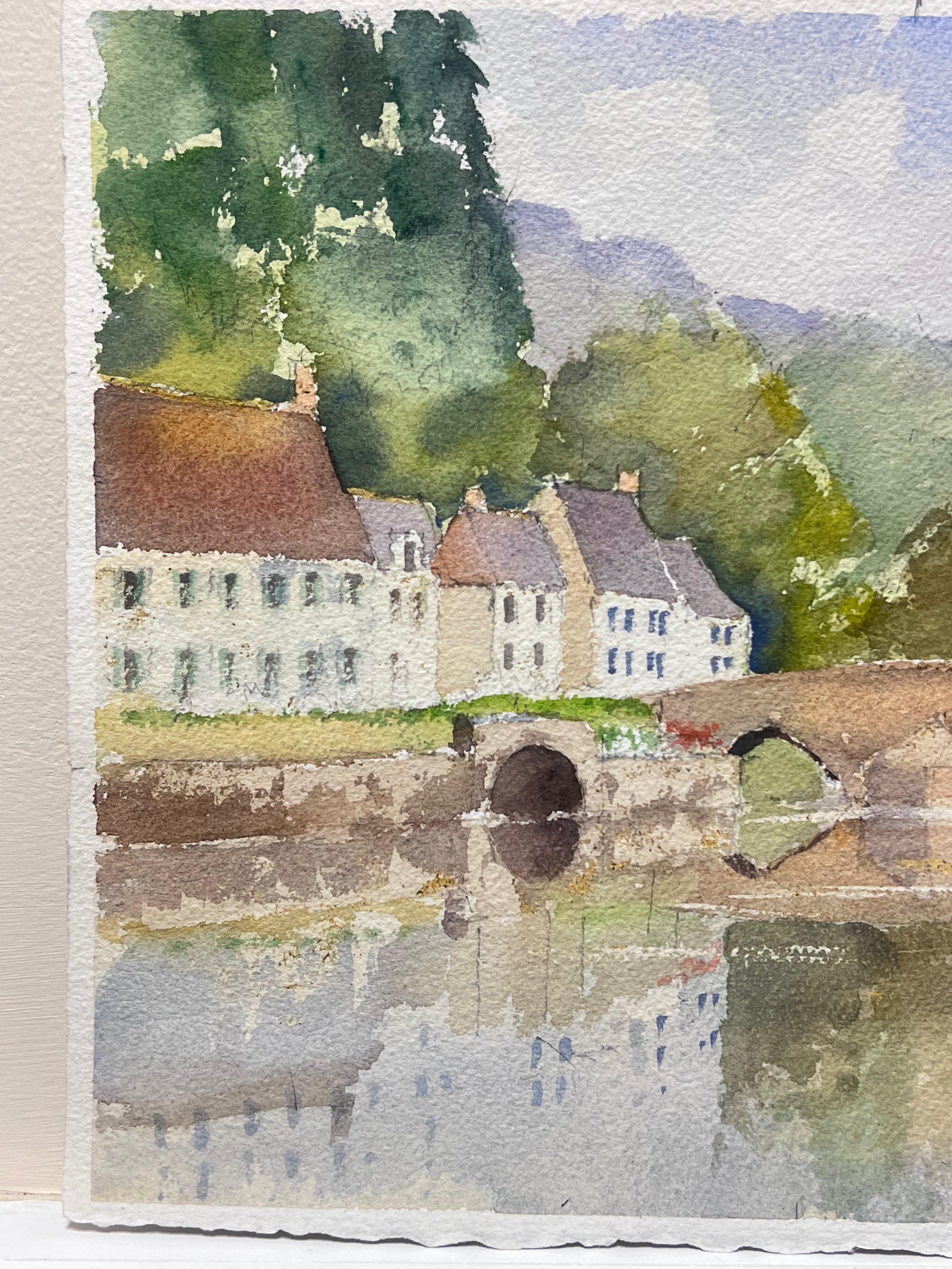 Britischer Original-impressionistischer Aquarell Fluss mit altem Steinbogen-Landschaftsbild, Original (Impressionismus), Painting, von Anthony Avery