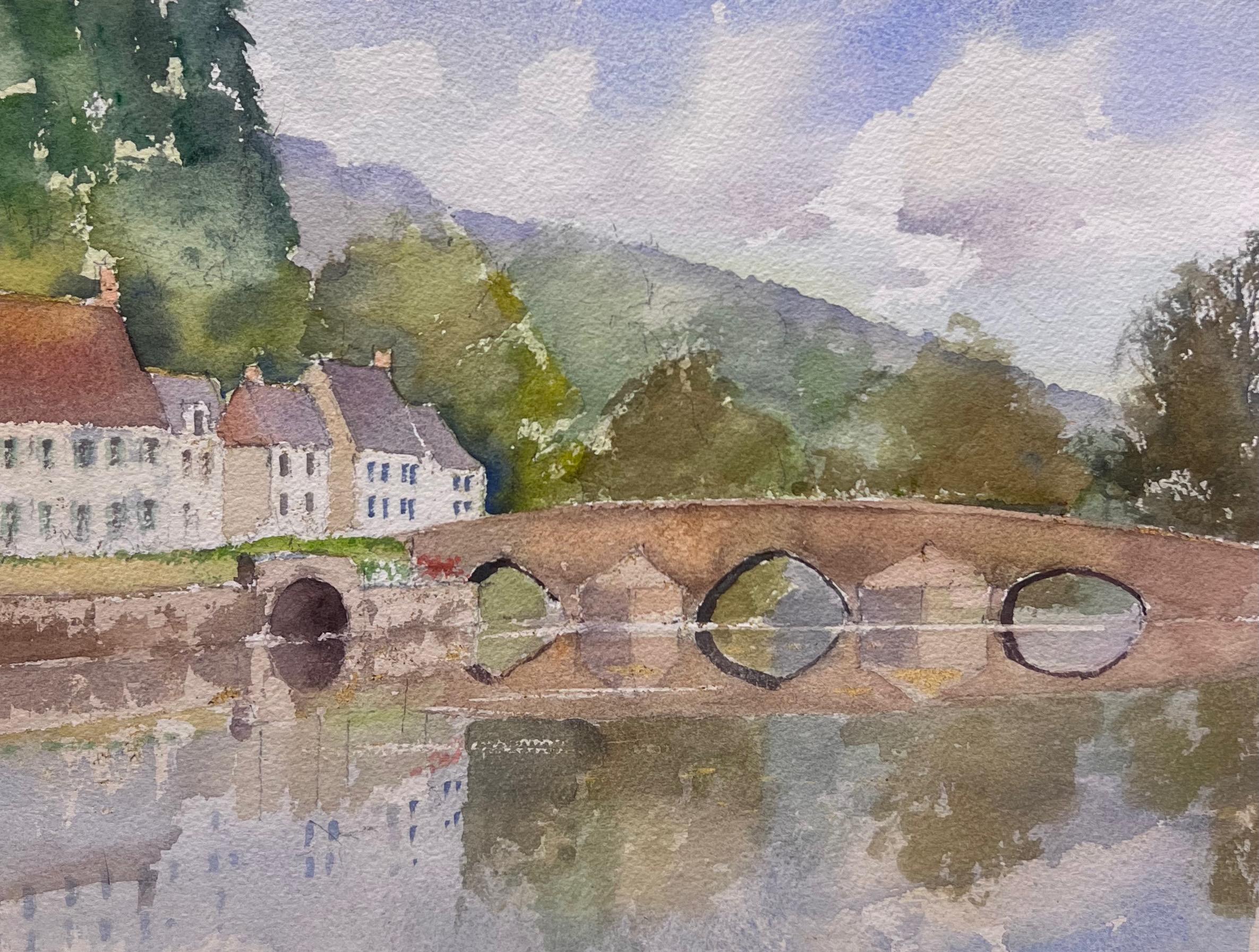 Britischer Original-impressionistischer Aquarell Fluss mit altem Steinbogen-Landschaftsbild, Original