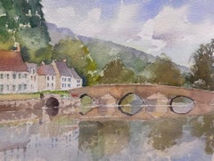 British Original Impressionist Watercolor River with Old Stone Bridge Landscape