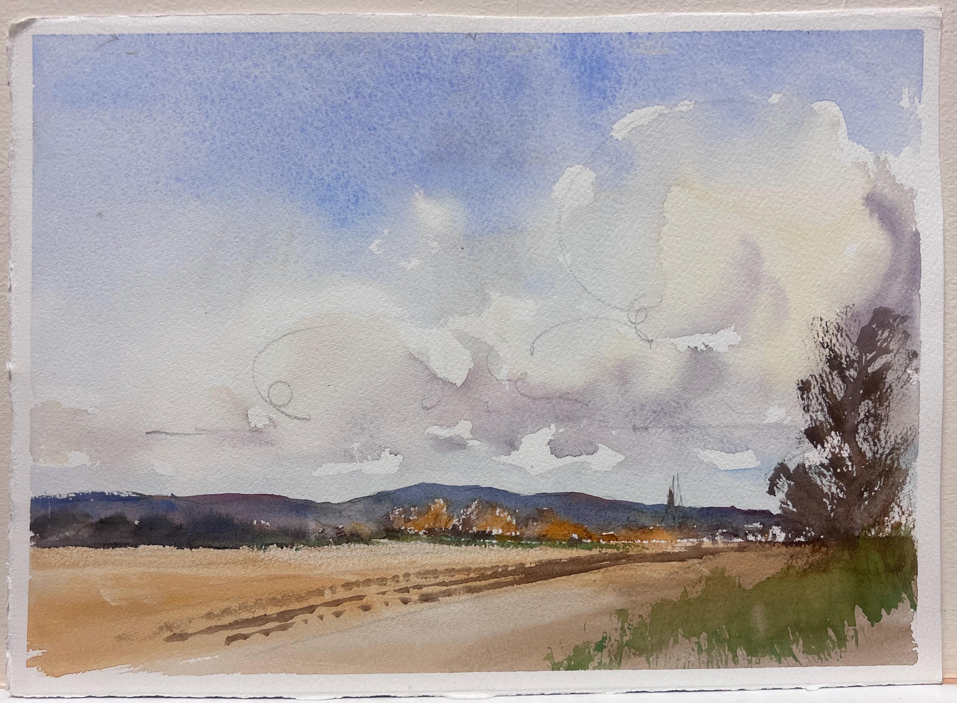 British Original Impressionist Watercolor Rural Farm Fields Fluffy Clouds - Painting by Anthony Avery