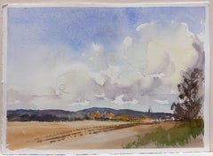 Originale acquerello impressionista britannico Campi di fattorie rurali Nuvole soffici