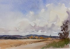 Britisches Original-impressionistisches Aquarell Rural Farm Fields, flauschige Wolken, Original
