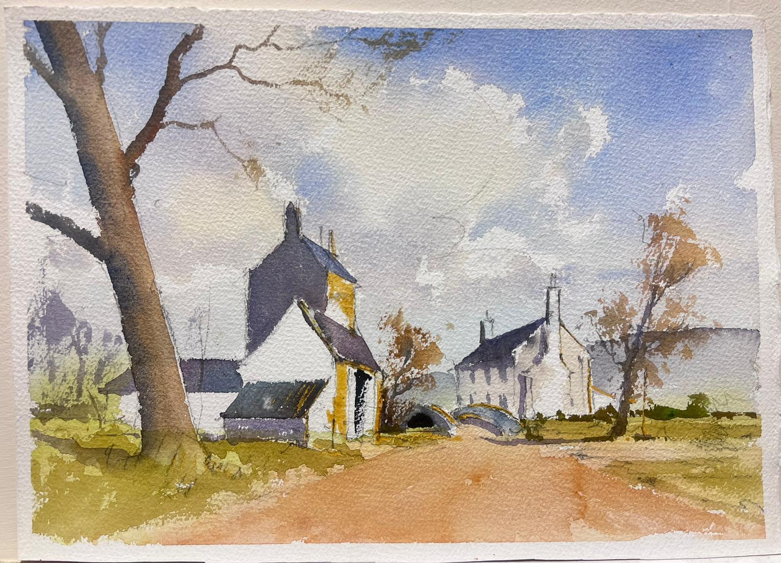 British Original Impressionist Watercolor Rural Village Street in Landscape - Painting by Anthony Avery