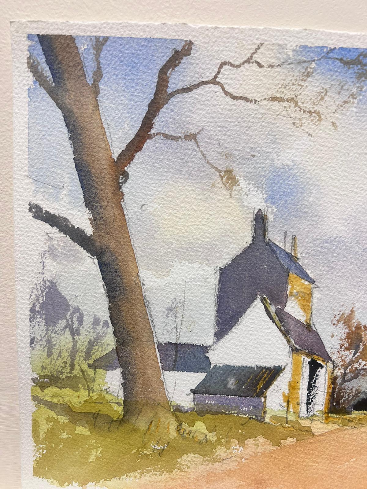 British Original Impressionist Watercolor Rural Village Street in Landscape - Brown Landscape Painting by Anthony Avery