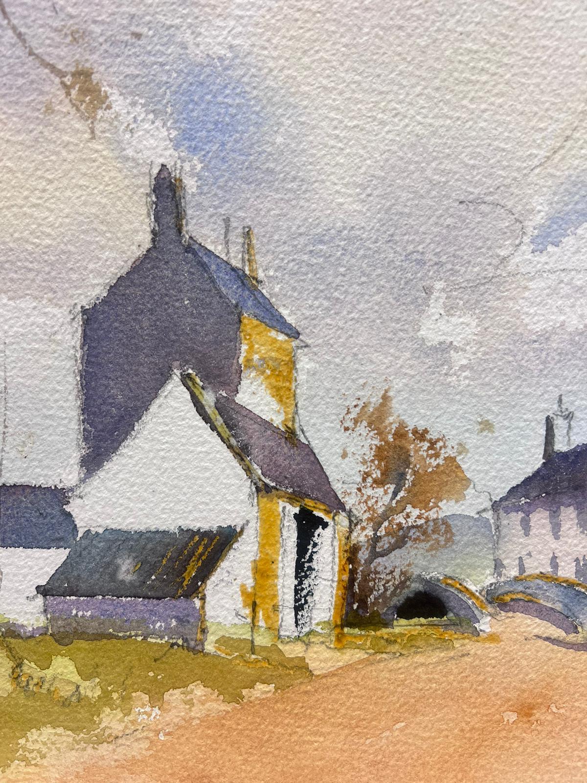 British Original Impressionist Watercolor Rural Village Street in Landscape For Sale 1