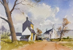 British Original Impressionist Watercolor Rural Village Street in Landscape