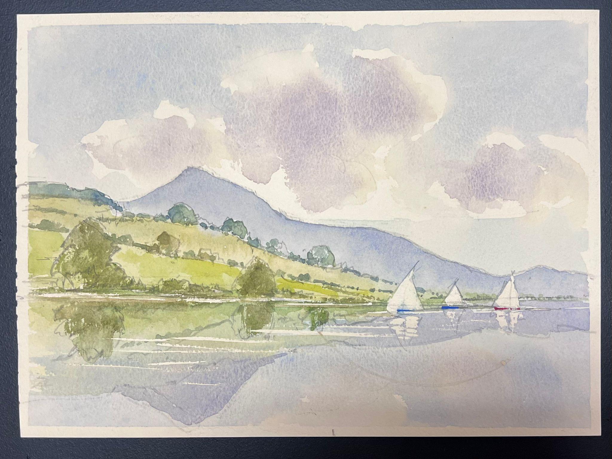 British Original Impressionist Watercolor Sailing Boats On The Tranquil River - Gray Landscape Painting by Anthony Avery