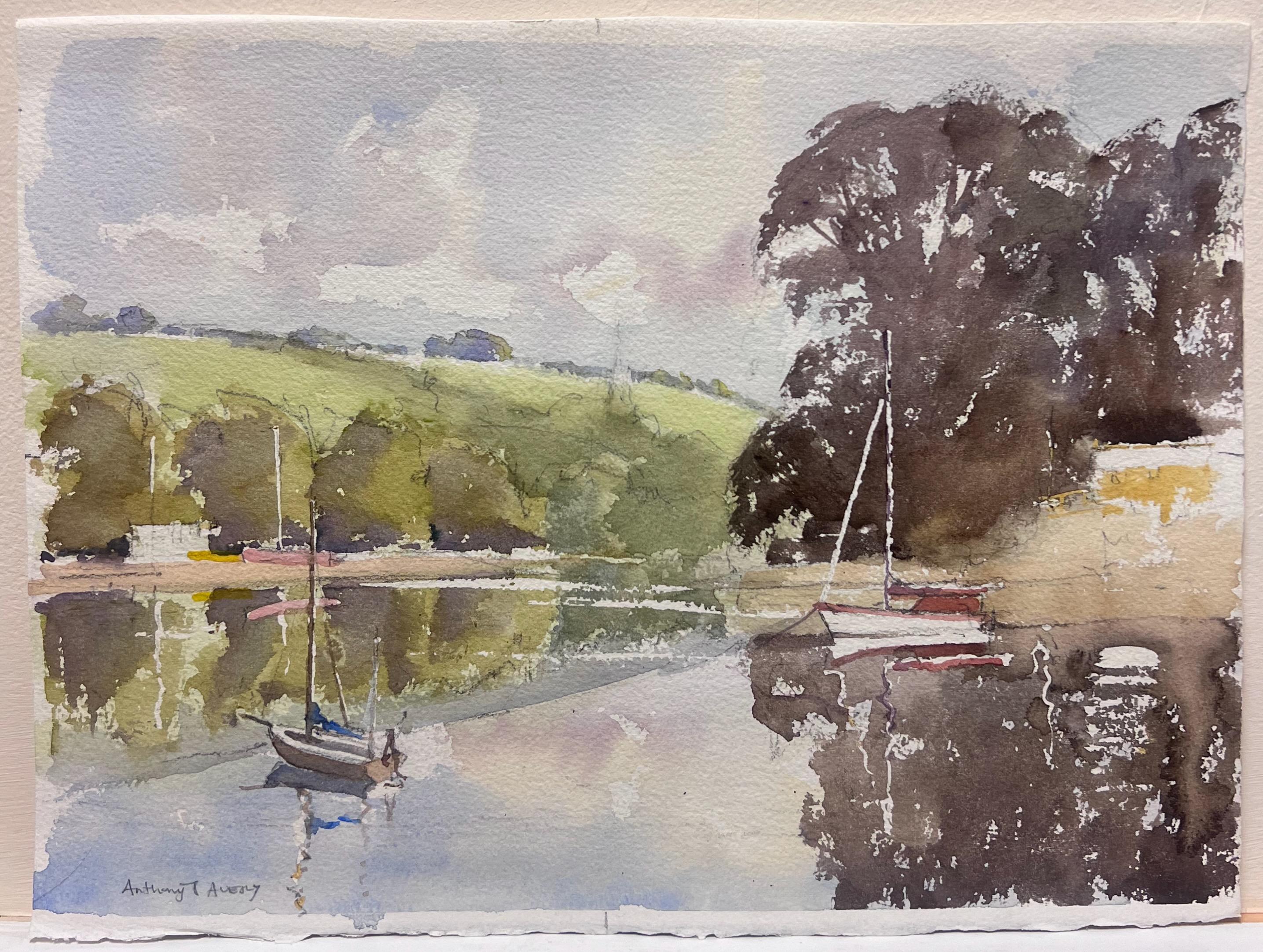 Originale acquerello impressionista britannico Barche a vela Fiume Estuario Paesaggio - Painting di Anthony Avery
