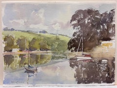 British Original Impressionist Watercolor Sailing Boats River Estuary Landscape