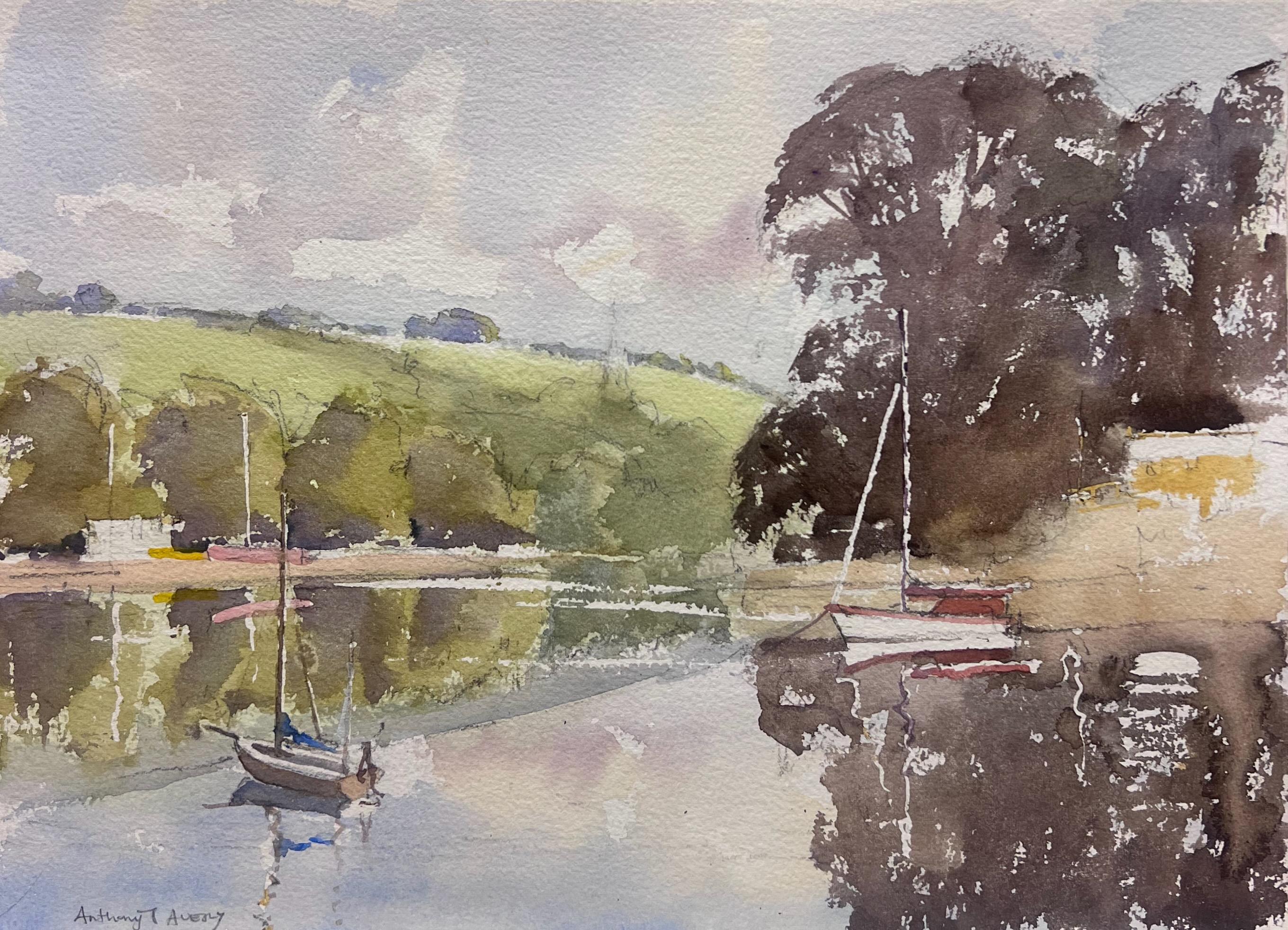 Landscape Painting di Anthony Avery - Originale acquerello impressionista britannico Barche a vela Fiume Estuario Paesaggio