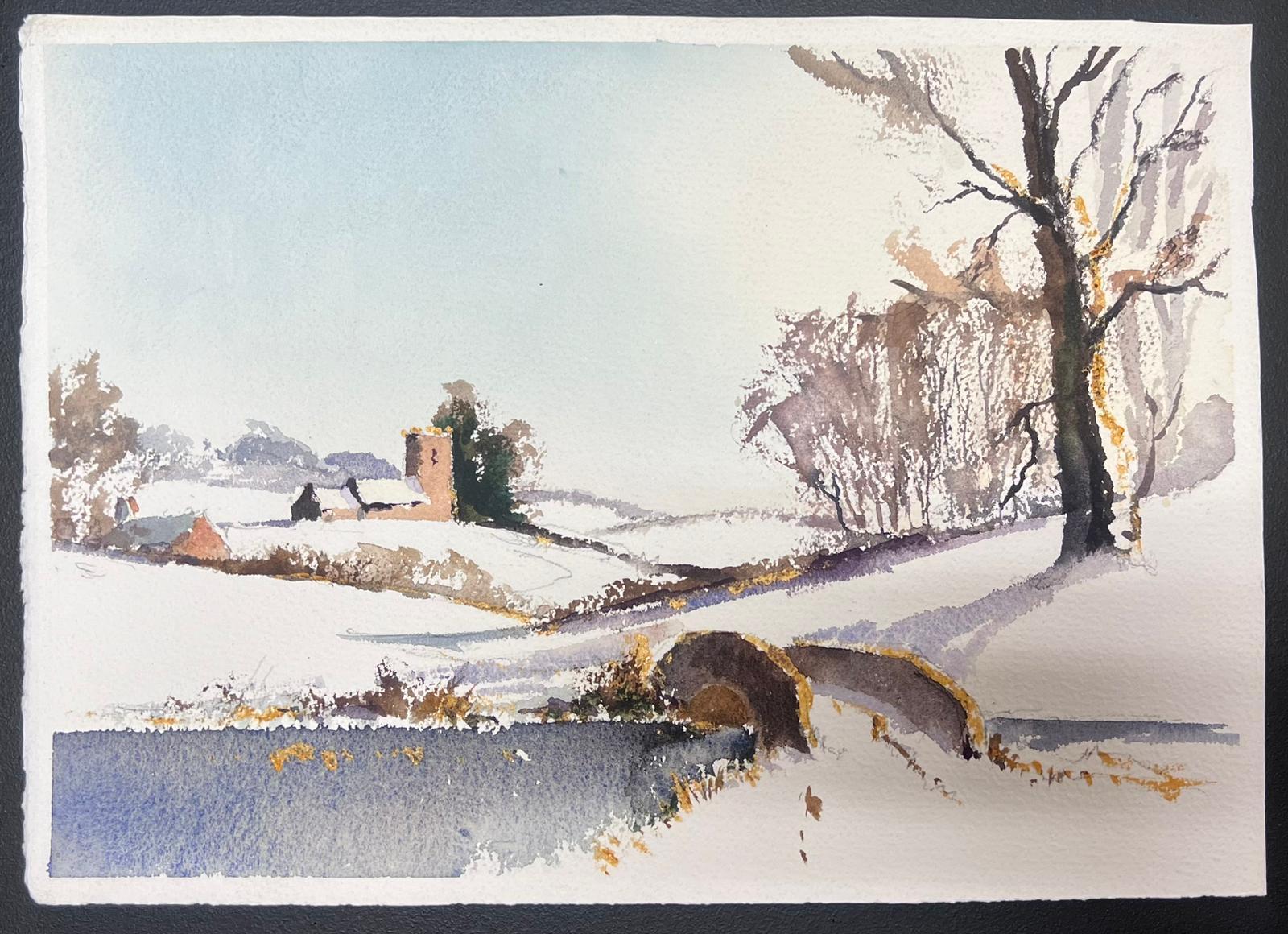 Britische Original-impressionistische Original-Aquarell-Landschaft mit Schnee bedeckter Dorfbrücke, Britisch – Painting von Anthony Avery