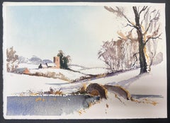 British Original Impressionist Watercolor Snow Covered Village Bridge Landscape