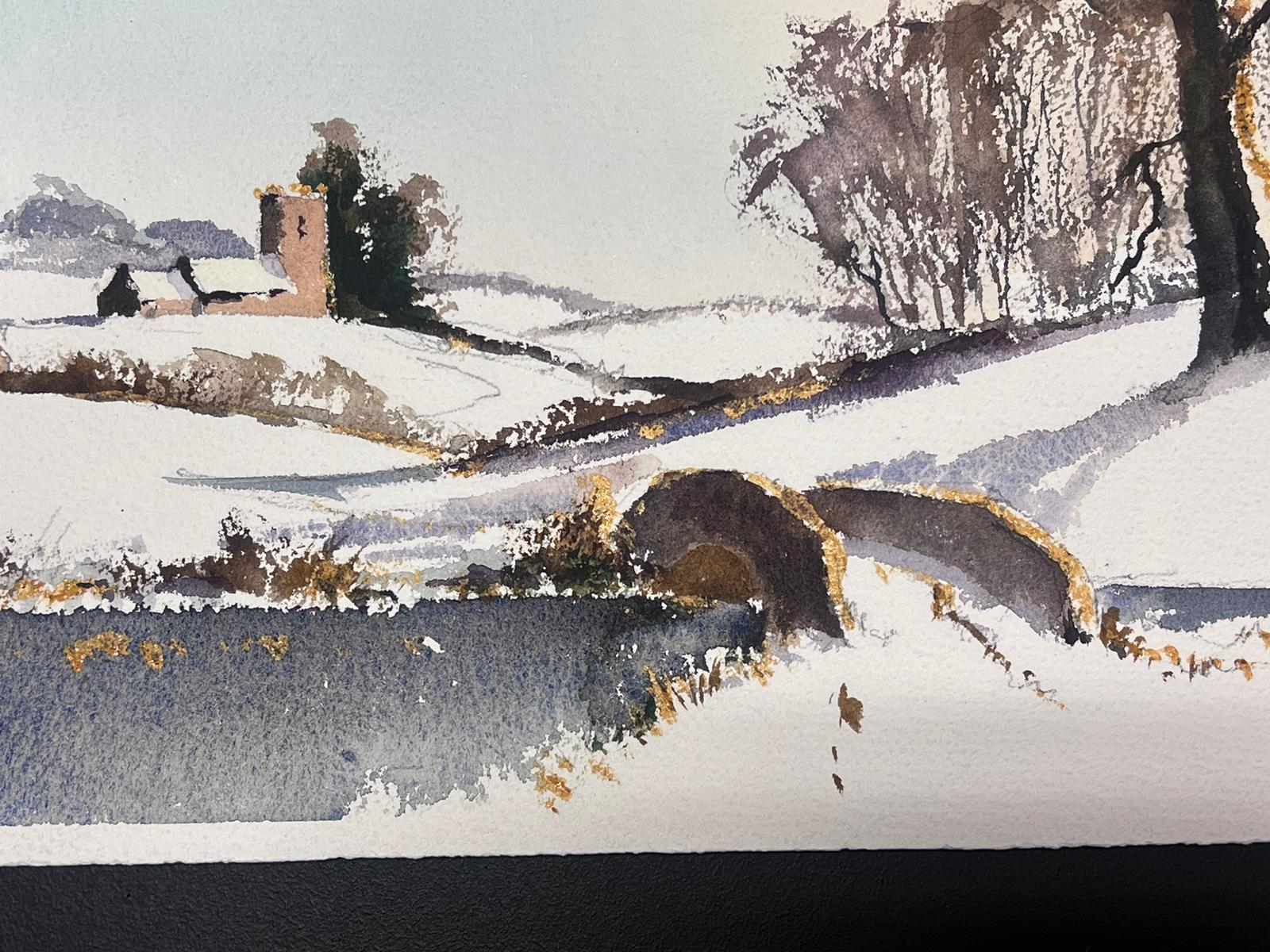 Britische Original-impressionistische Original-Aquarell-Landschaft mit Schnee bedeckter Dorfbrücke, Britisch (Impressionismus), Painting, von Anthony Avery