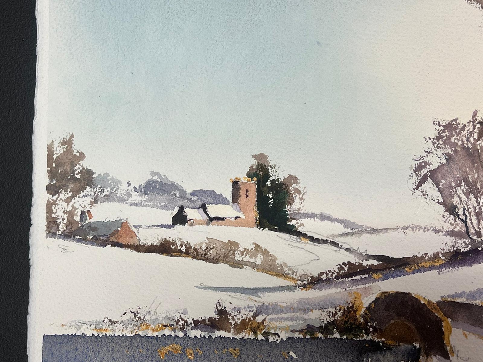 Britische Original-impressionistische Original-Aquarell-Landschaft mit Schnee bedeckter Dorfbrücke, Britisch (Grau), Landscape Painting, von Anthony Avery