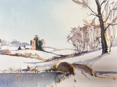 British Original Impressionist Watercolor Snow Covered Village Bridge Landscape