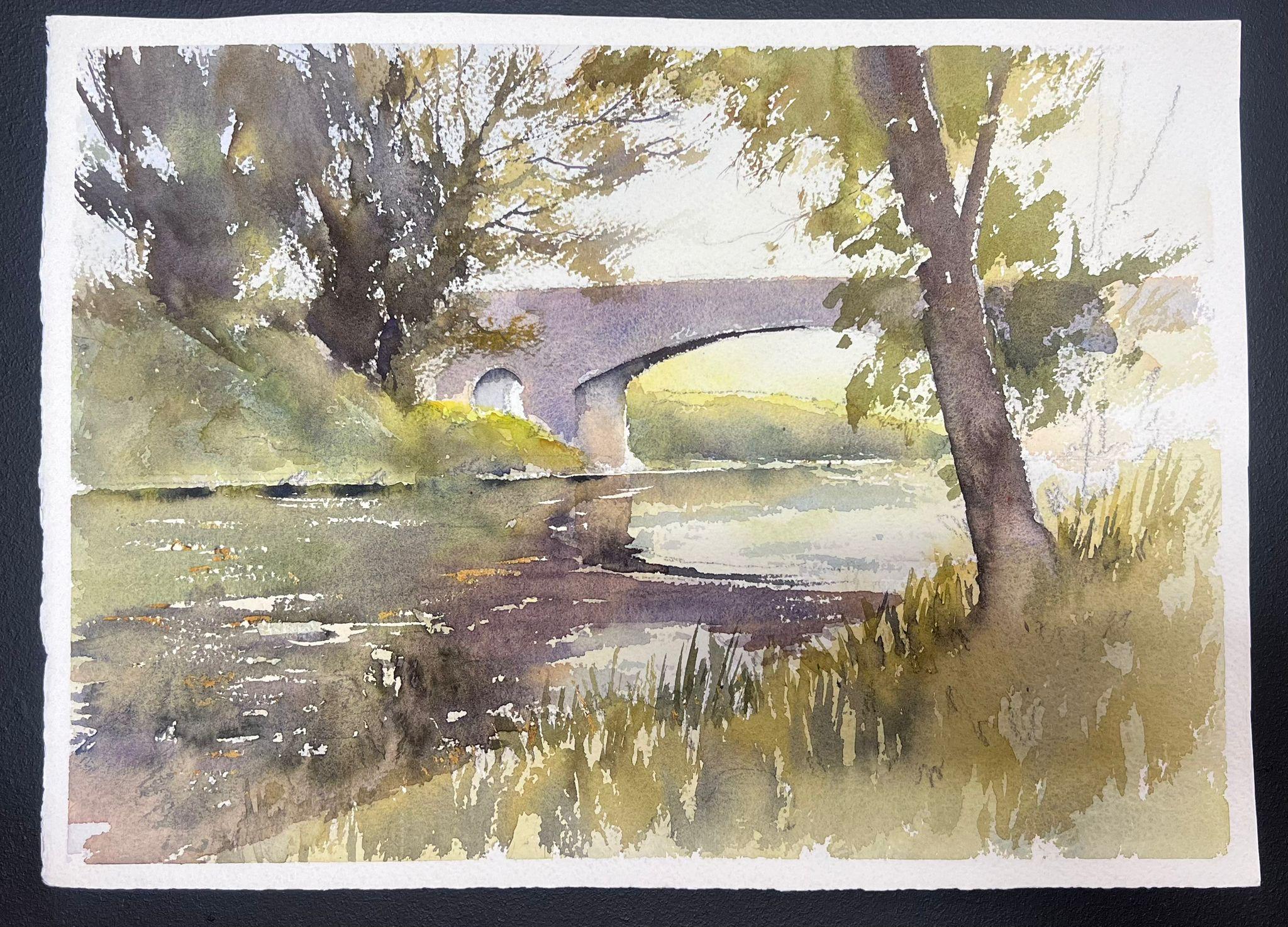 British Original Impressionist Watercolor Stone Grey Bridge Over Still River - Painting by Anthony Avery