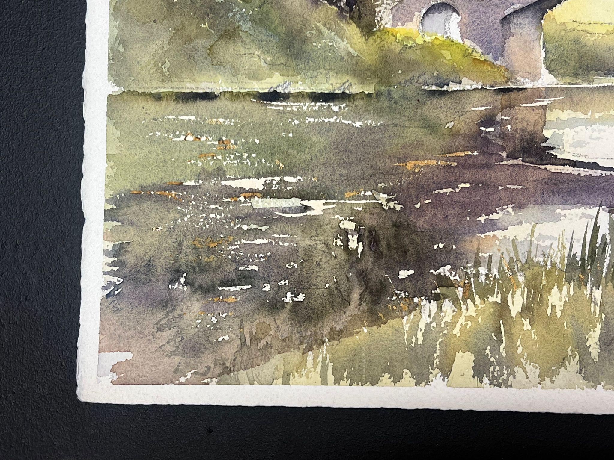 British Original Impressionist Watercolor Stone Grey Bridge Over Still River - Brown Landscape Painting by Anthony Avery