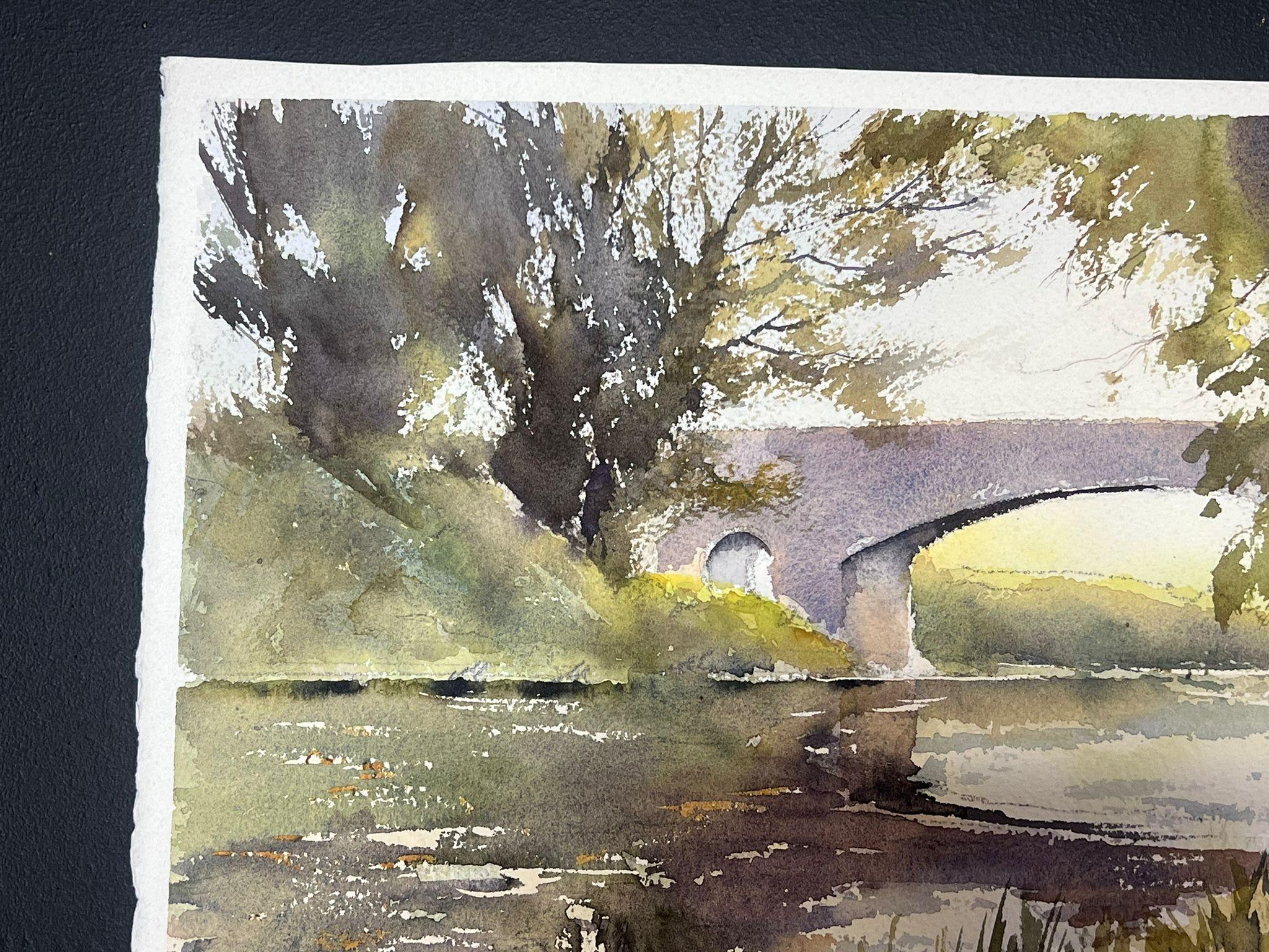British Original Impressionist Watercolor Stone Grey Bridge Over Still River For Sale 1