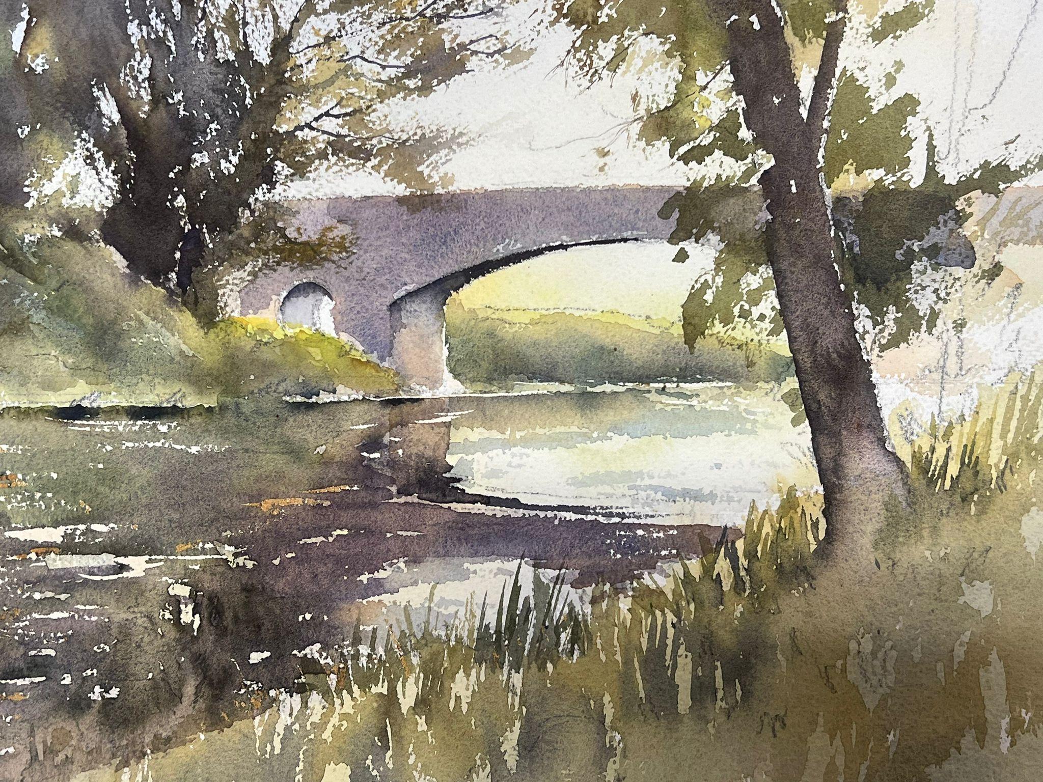 British Original Impressionist Watercolor Stone Grey Bridge Over Still River For Sale 2