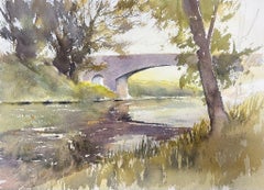 Britische Original-impressionistische graue, original-impressionistische Aquarell-Stein-Brücke über Still River