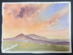 British Original Impressionist Watercolor Sunset Over Brown Town Landscape