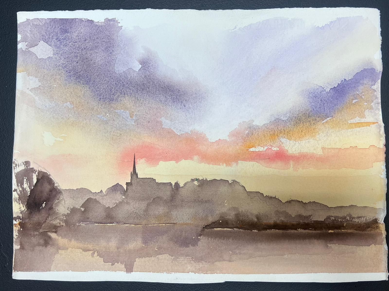 Aquarelle impressionniste originale britannique Coucher de soleil sur un paysage de la ville de Brown en vente 1
