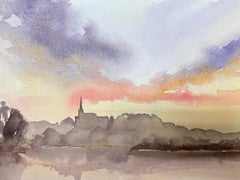 British Original Impressionist Watercolor Sunset Over Brown Town Landscape