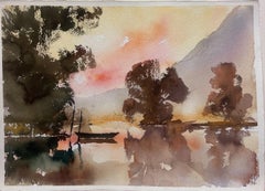 British Original Impressionist Watercolor Sunset over Mountain Lake Landscape
